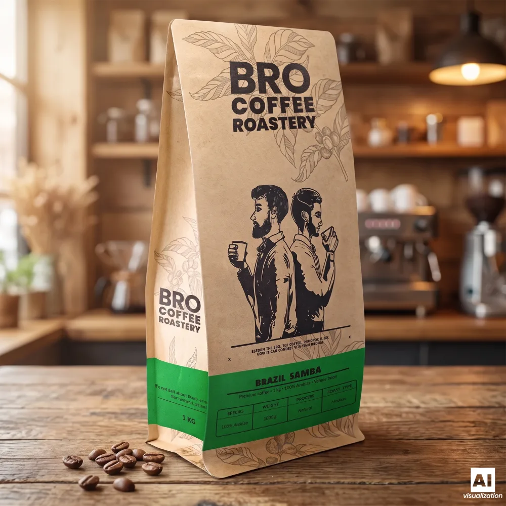 Kawa ziarnista Bro Coffee Roastery Brazil Samba w kraft papierowej torbie, polecana do kawy piernikowej.