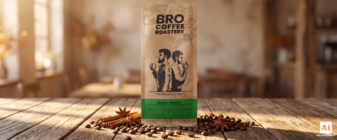 Torba kawy ziarnistej Bro Coffee Roastery na drewnianym stole w klimacie kawiarni – idealna baza do kawy piernikowej.