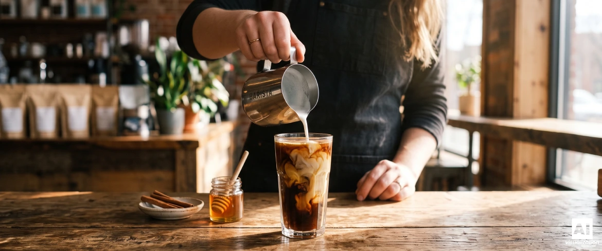 Barista wlewa spienione mleko do szklanki z kawą piernikową, tworząc aksamitną mikropiankę na wierzchu.