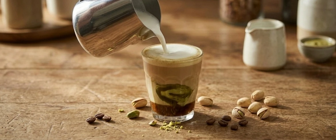 Pistachio latte with creamy milk foam