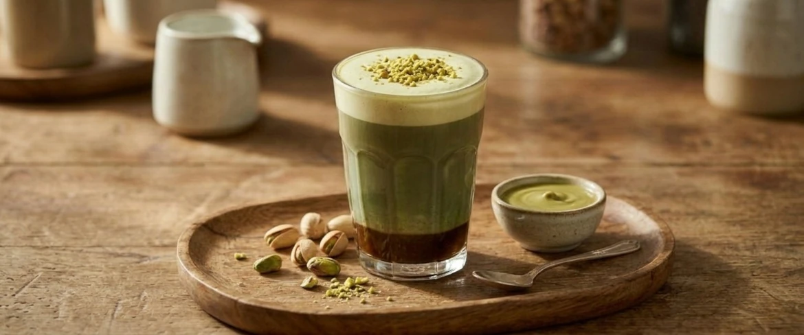 Pistachio coffee with crushed pistachios in a latte glass