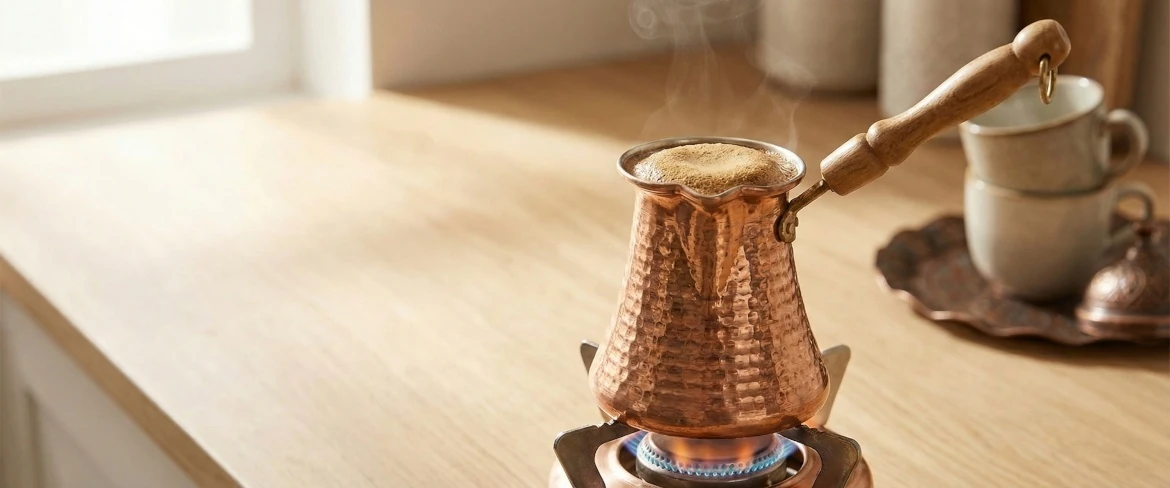 Brewing Turkish coffee in a copper cezve pot over low heat
