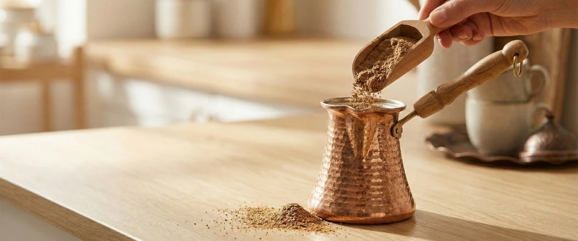 Finely ground Turkish coffee being added to a cezve pot