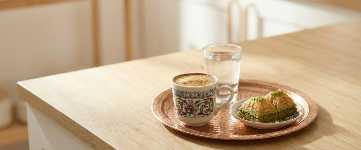 Turkish coffee served in a small cup with water and baklava