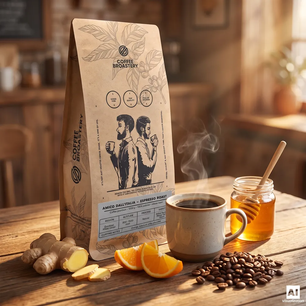Kawa ziarnista Bro Coffee Roastery Amico dall'Italia Espresso Roast obok filiżanki kawy, miodu, imbiru i pomarańczy.