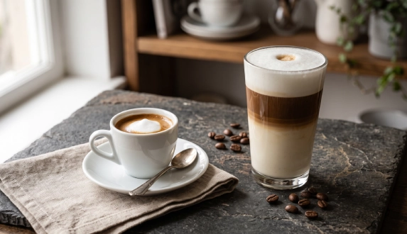Kawa macchiato i latte macchiato w filiżance i szklance na kamiennym blacie.