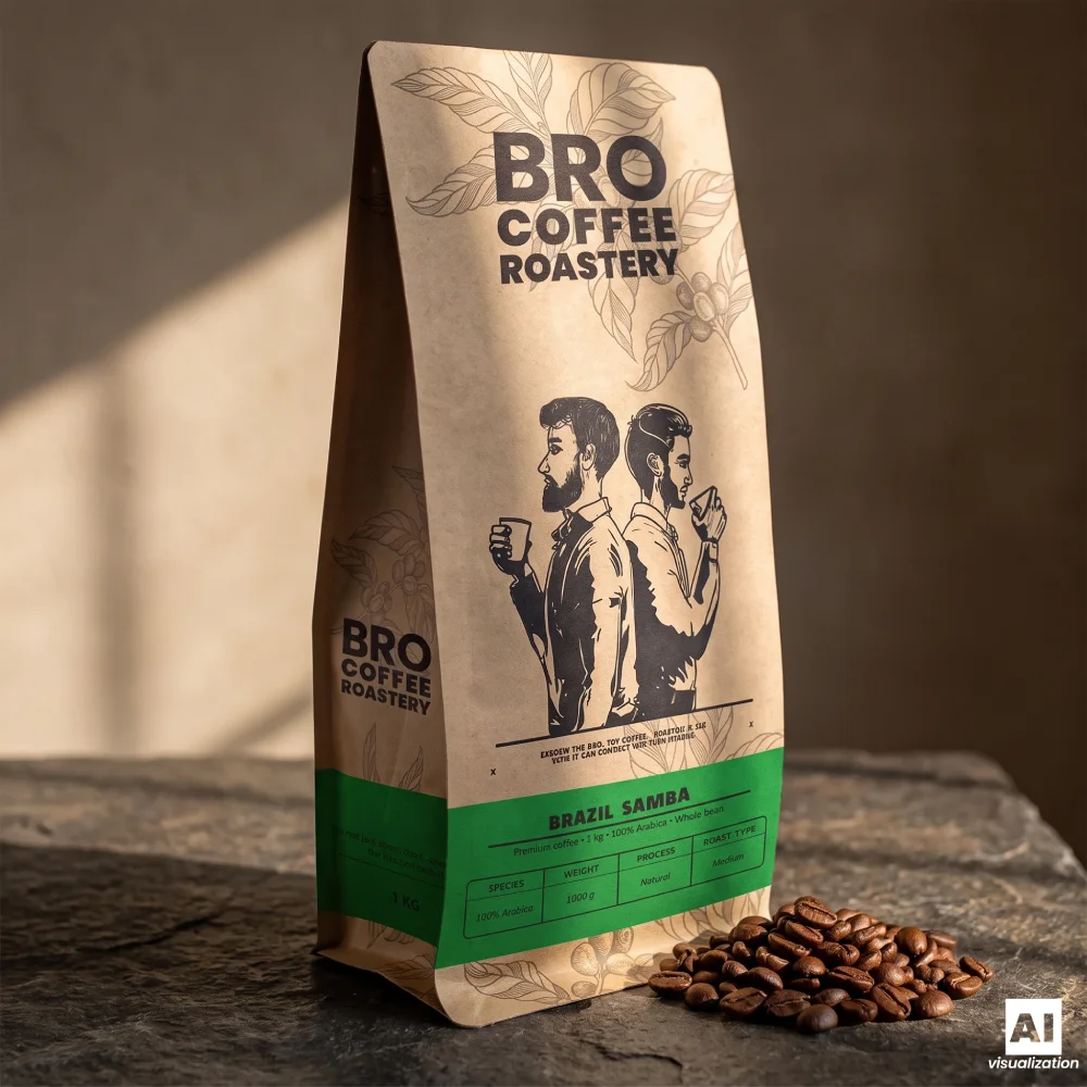 Kawa z Brazylii Bro Coffee Roastery Brazil Samba w kraftowym opakowaniu z ziarnami.