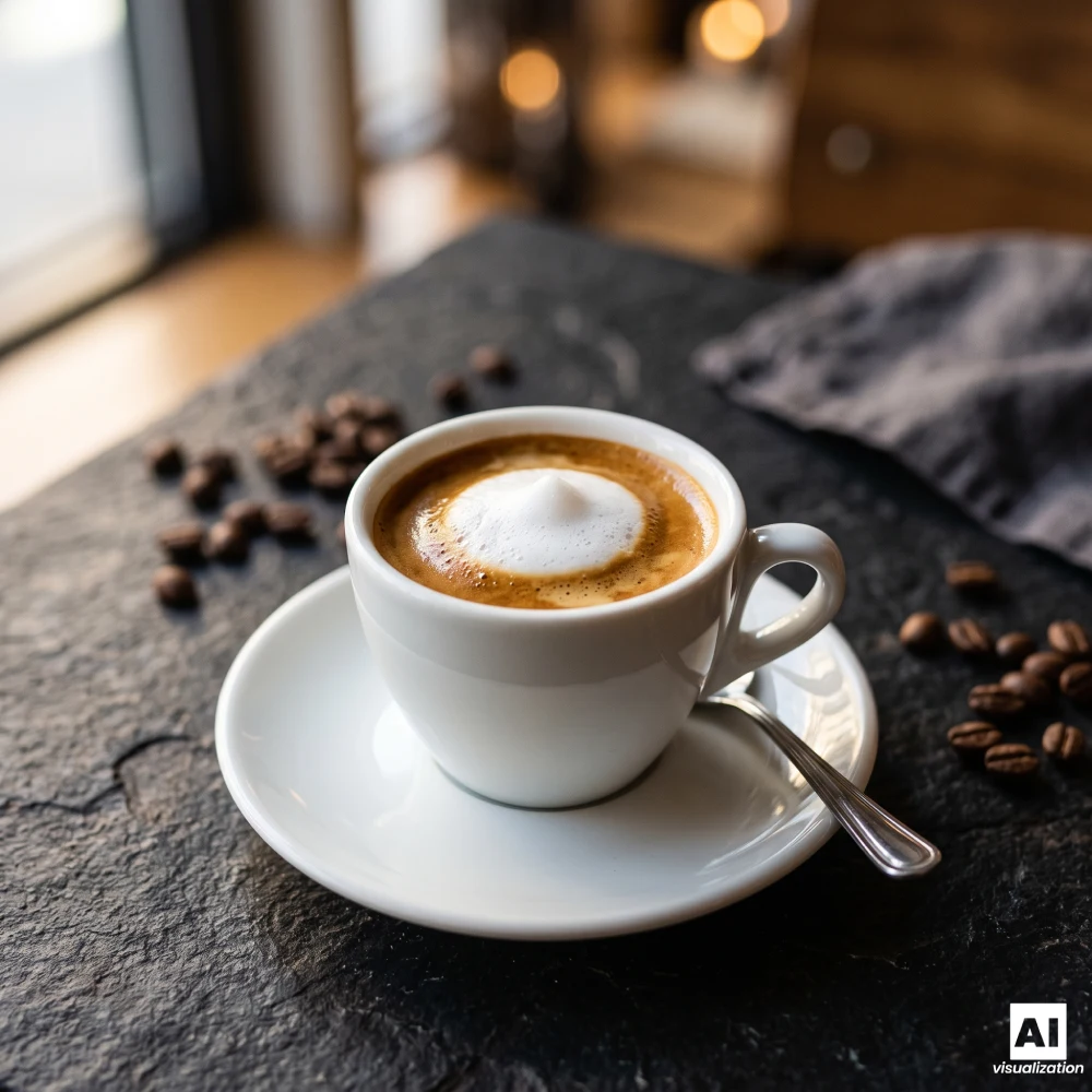 Espresso macchiato z mleczną pianką w białej filiżance na spodku.