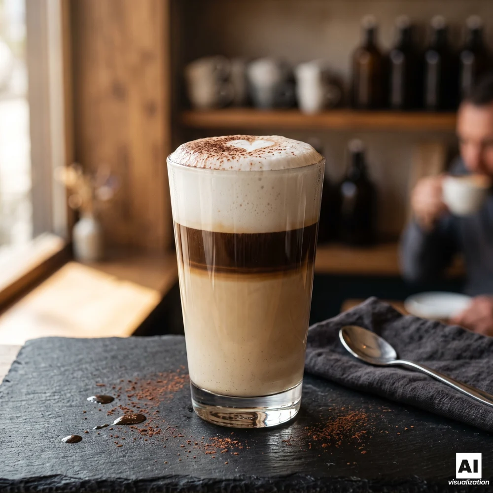 Latte macchiato w wysokiej szklance z warstwą espresso i mleczną pianką.