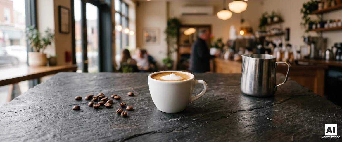 Kawa macchiato w małej filiżance z mleczną pianką na tle kawiarni.