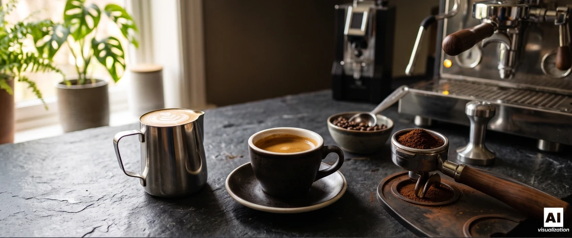 Przygotowanie kawy macchiato z espresso, mlekiem i akcesoriami baristycznymi.