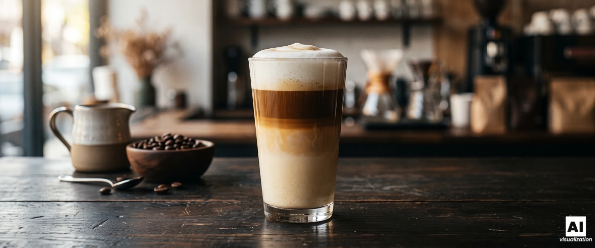 Latte macchiato w wysokiej szklance z widocznymi warstwami mleka, kawy i pianki.