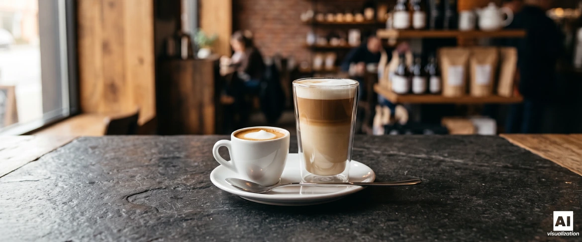 Macchiato i latte macchiato podane w eleganckich naczyniach na kawowym blacie.