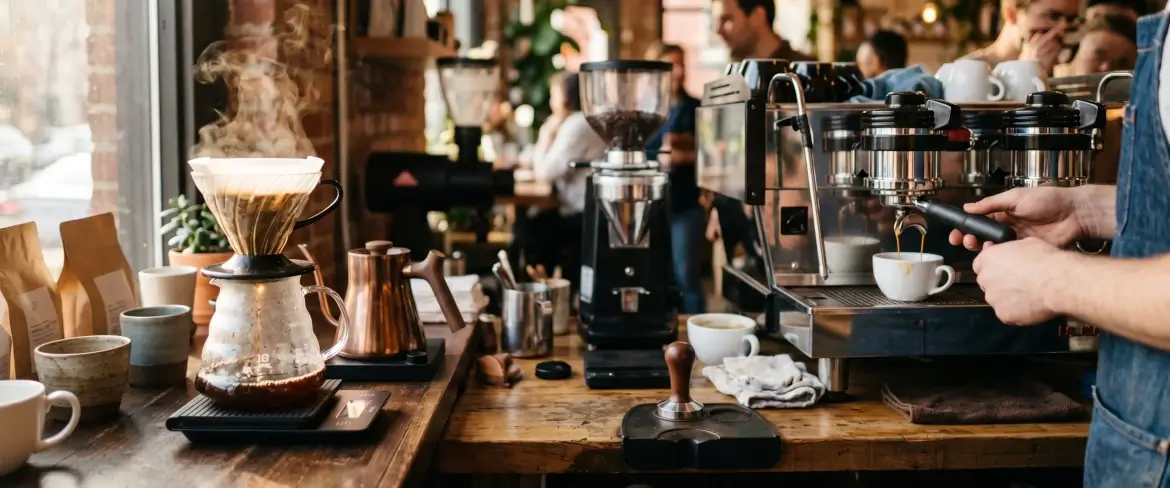 Classic pour over coffee and an espresso machine in a cafe