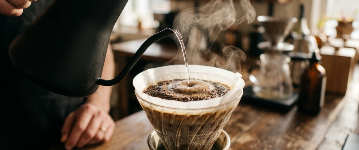 Manually pouring water over beans from a kettle, i.e. drip and pour over coffee brewing