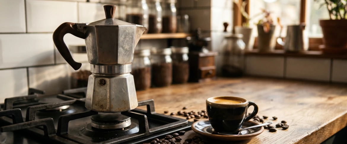 Traditional coffee brewing in a moka pot on a stove