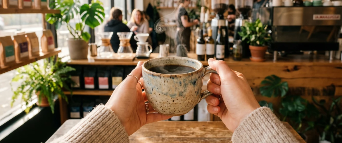 A person holding a mug of hot, freshly brewed coffee in their hands