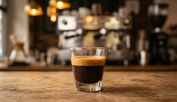 Ein Glas mit intensivem Aufguss und dicker Crema vor dem Hintergrund einer Espressomaschine – die perfekte Antwort auf die Frage: was ist Ristretto Kaffee