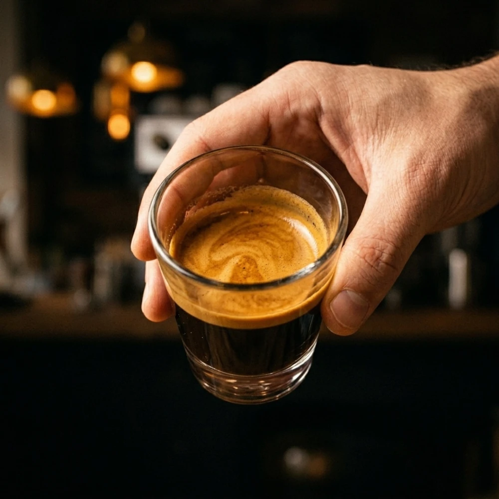 Ristretto Rezept – ein fertiger Aufguss in einer Glastasse und der Siebträger