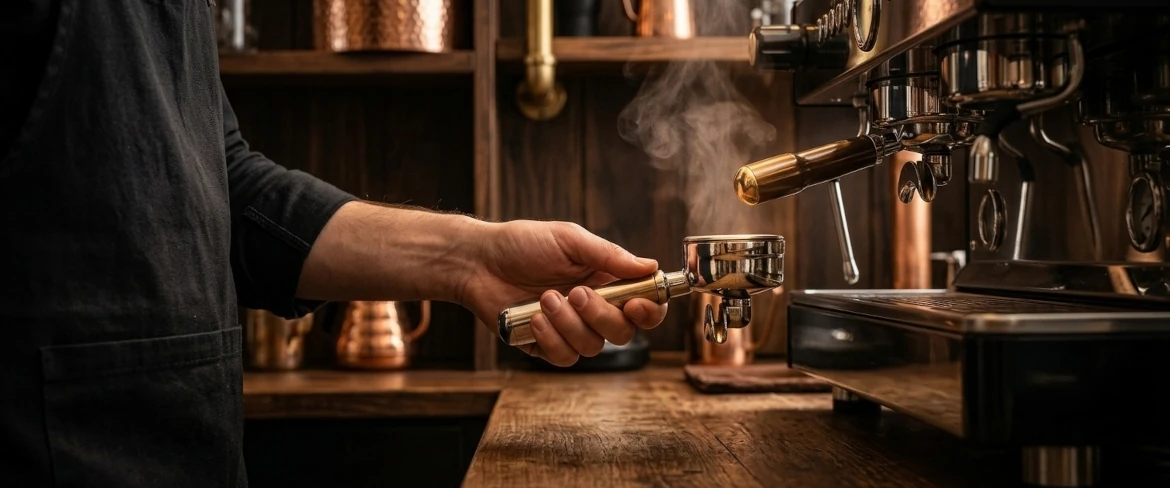 Ein Barista mit Siebträger an einer Espressomaschine, der genau weiß, was Ristretto Kaffee ist und wie man ihn richtig brüht