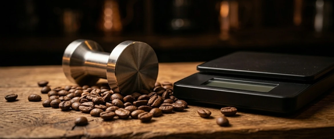 Frische Bohnen, ein Stahl-Tamper und eine Waage auf einer hölzernen Arbeitsplatte, woraus ein perfekter Ristretto Kaffee entsteht