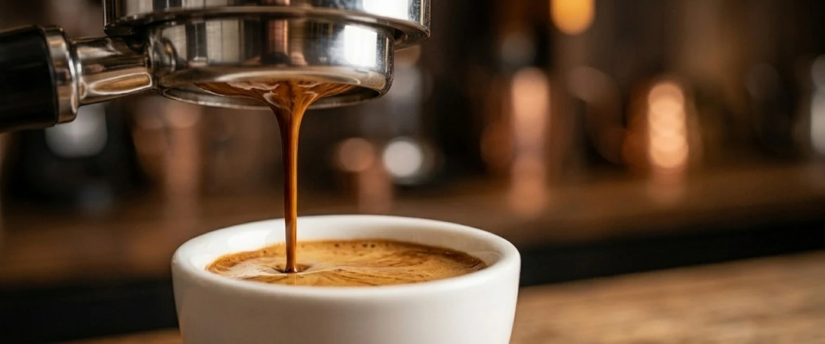 Ein dicker Aufguss, der aus dem Siebträger der Espressomaschine in die Tasse fließt und das Ristretto Rezept in der Praxis zeigt