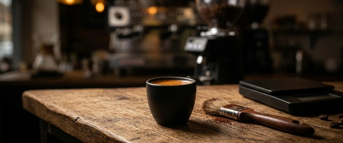 Essenzieller Ristretto Kaffee in einer kleinen schwarzen Tasse neben einem Pinsel und einer Barista-Waage nach abgeschlossener Extraktion