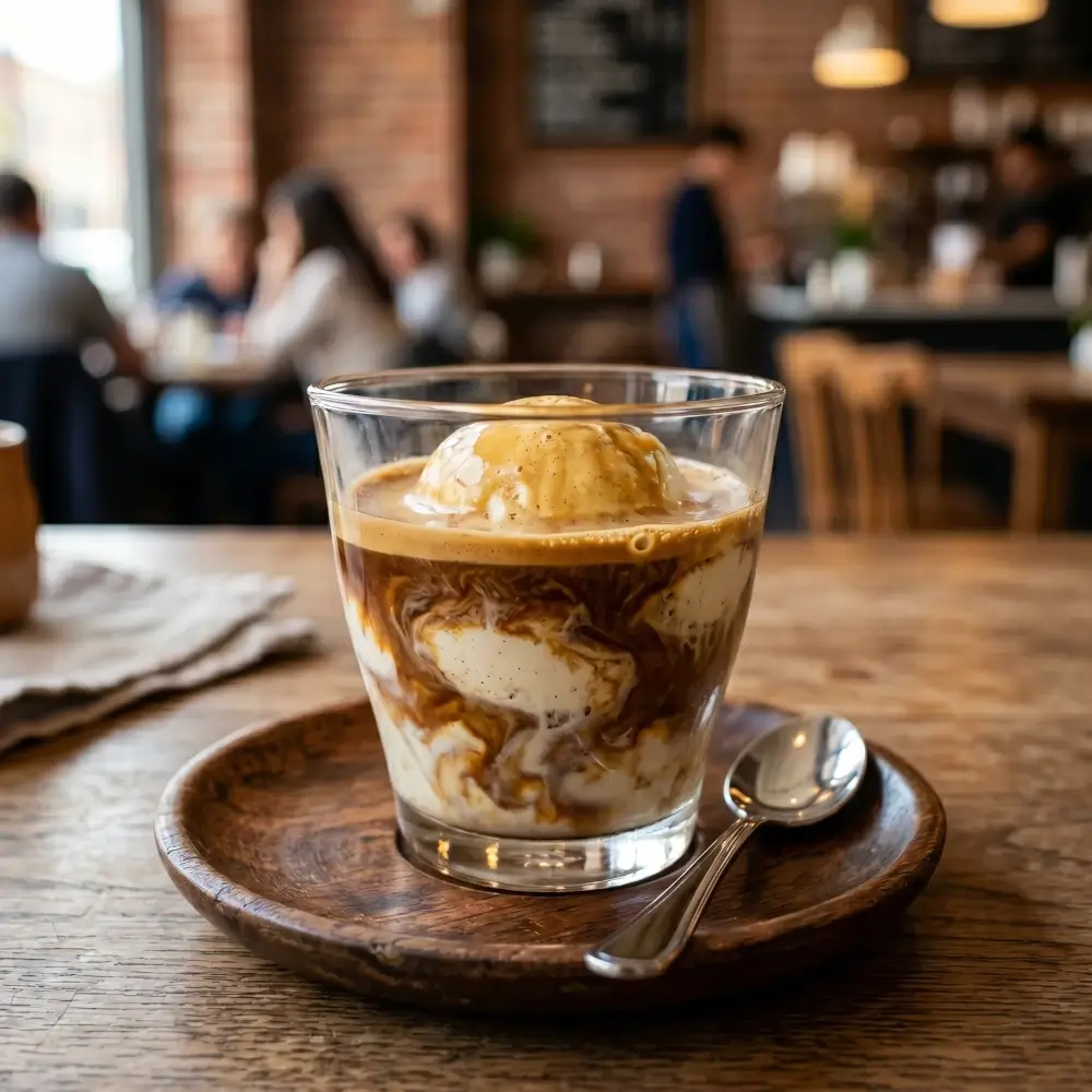 Ready coffee with ice cream in a glass with an appetising consistency