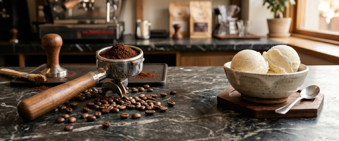 Ingredients for espresso with ice cream – a portafilter with ground coffee, coffee beans and ice cream to prepare cafe affogato