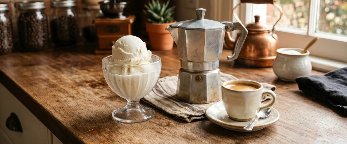 A tried-and-tested coffee with ice cream recipe – ice cream in a dessert bowl, a moka pot and an espresso cup