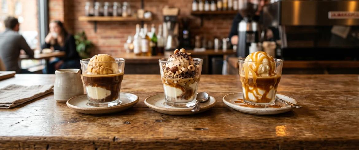 Three variants of espresso affogato with toppings – an alternative to sweet iced coffee with ice cream