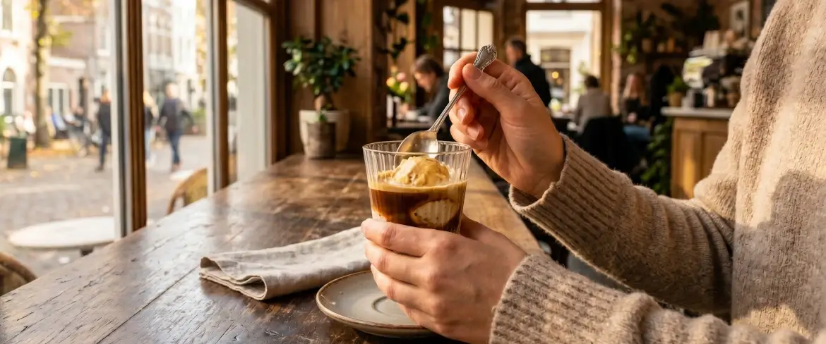 A person eating an affogato in a café – the best answer to what is affogato and how delicious it tastes at any time of the year