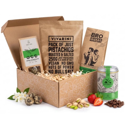 Geschenkset mit Kaffee und Tee + geröstete, gesalzene Pistazien